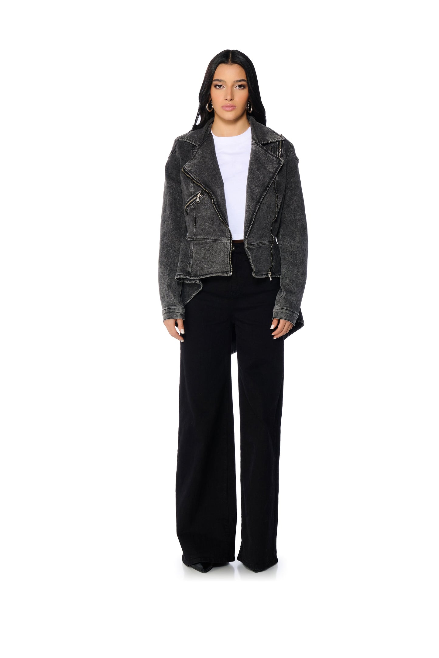 ABOUT THAT TIME DENIM PEPLUM MOTO JACKET