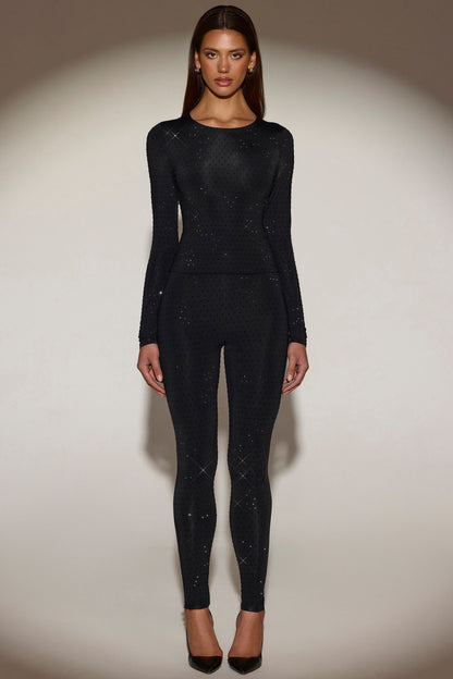 Embellished Crew-Neck Long-Sleeve Top in Black