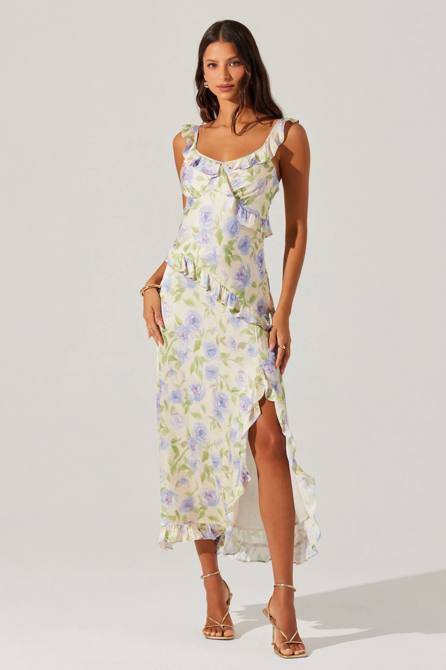 Rosalina Satin Ruffle Midi Dress