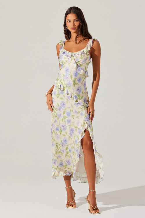 Rosalina Satin Ruffle Midi Dress