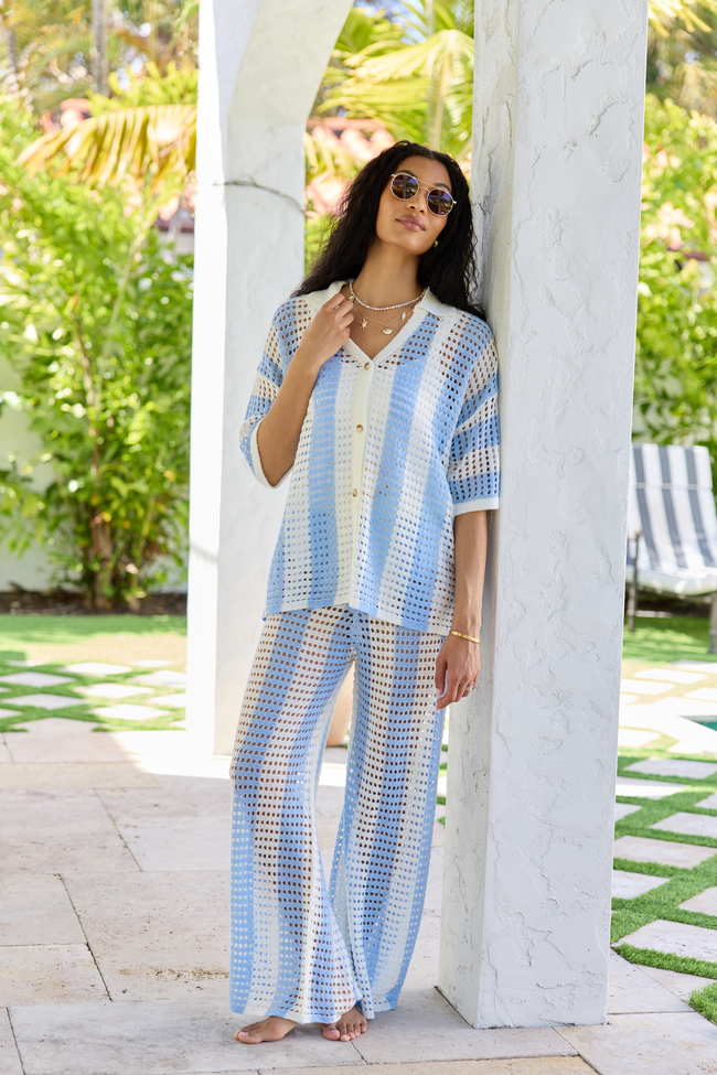 Blue Stripe Crochet Cover-Up Pant SALE