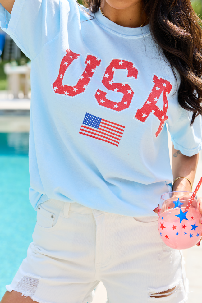 Athletic USA Flag Star Print Light Blue Comfort Colors Graphic Tee