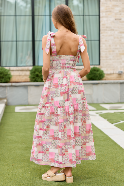 Beth Pink Patchwork Smocked Top Maxi Dress