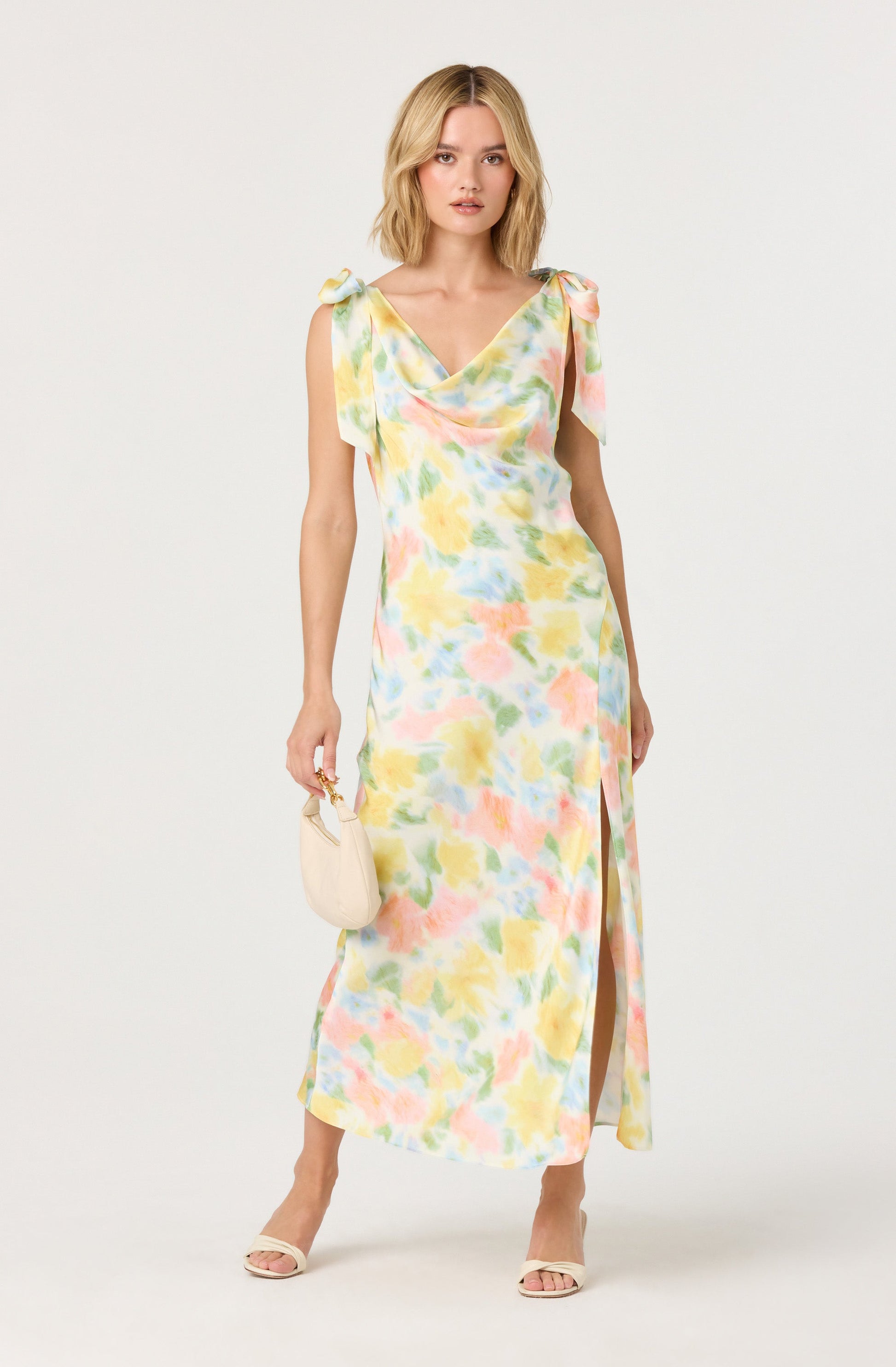 Allexina Satin Cowl Neck Midi Dress