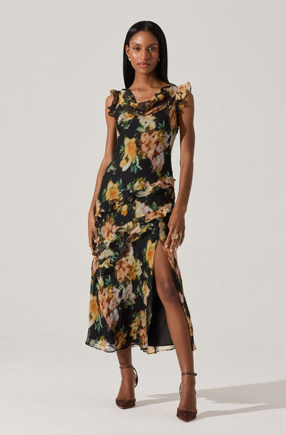 Alinta Floral Ruffle Cowl Neck Midi Dress