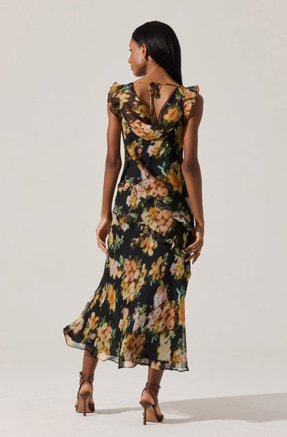 Alinta Floral Ruffle Cowl Neck Midi Dress