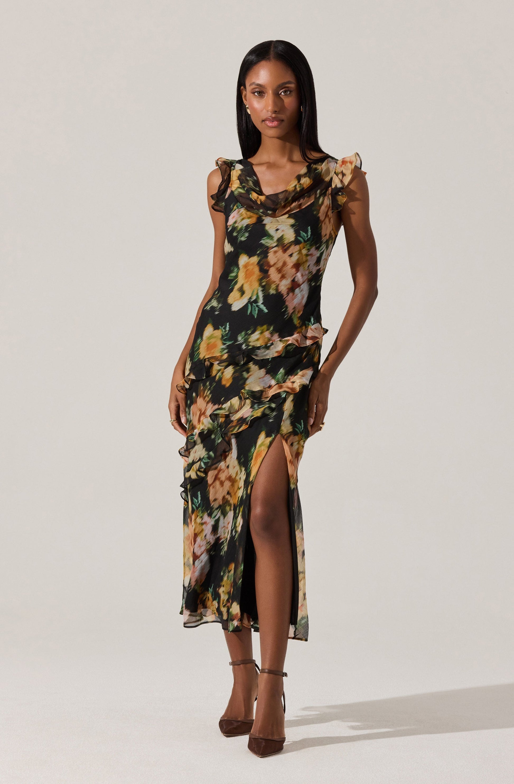 Alinta Floral Ruffle Cowl Neck Midi Dress
