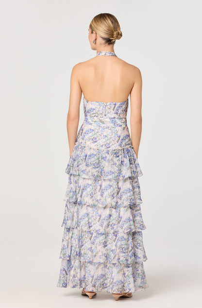 Adamaris Floral Halter Tiered Ruffle Maxi Dress
