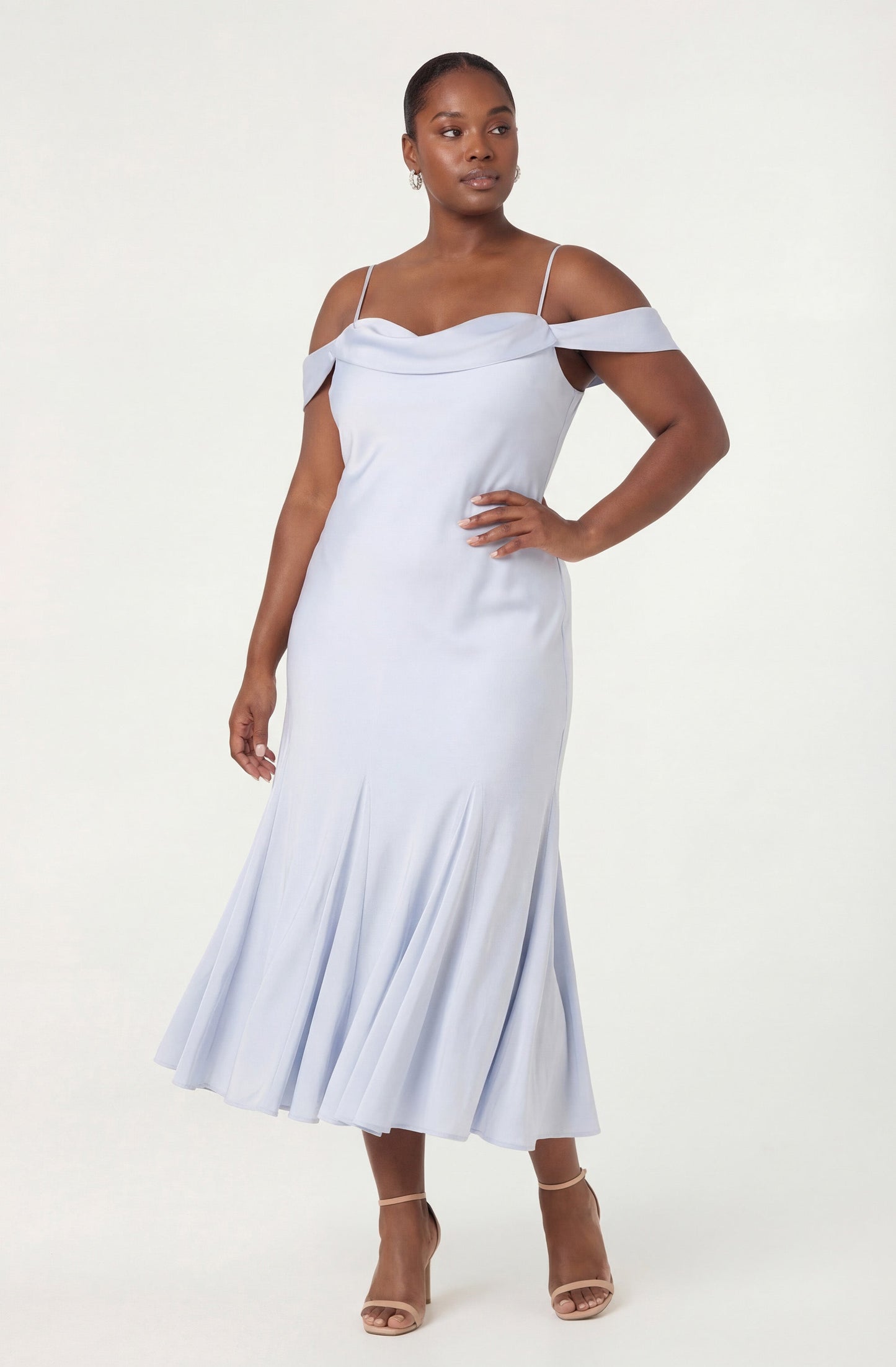 Araxie Satin Off-Shoulder Godet Midi Dress