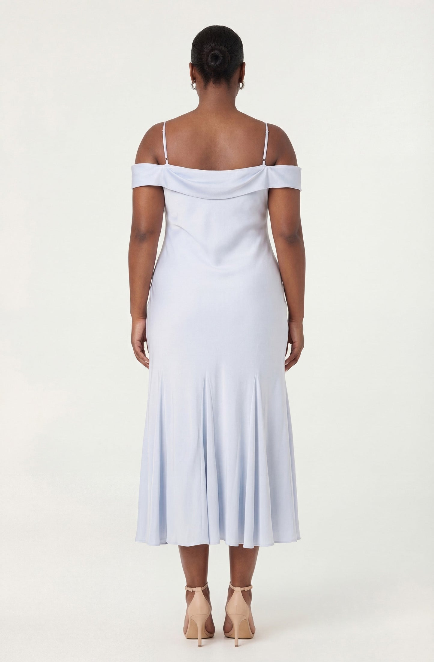 Araxie Satin Off-Shoulder Godet Midi Dress