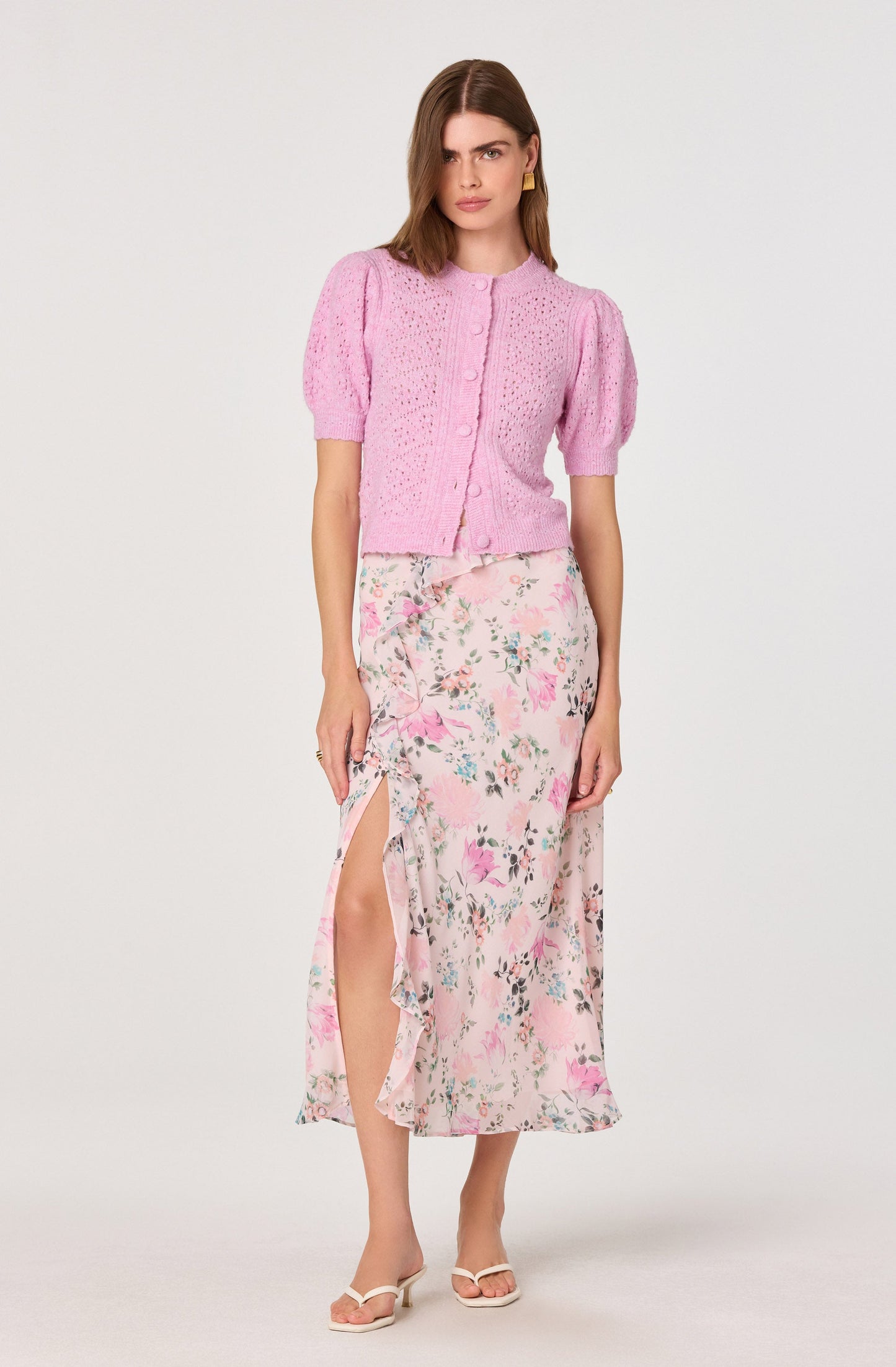 Ananda Floral Bias-Cut Ruffle Midi Skirt