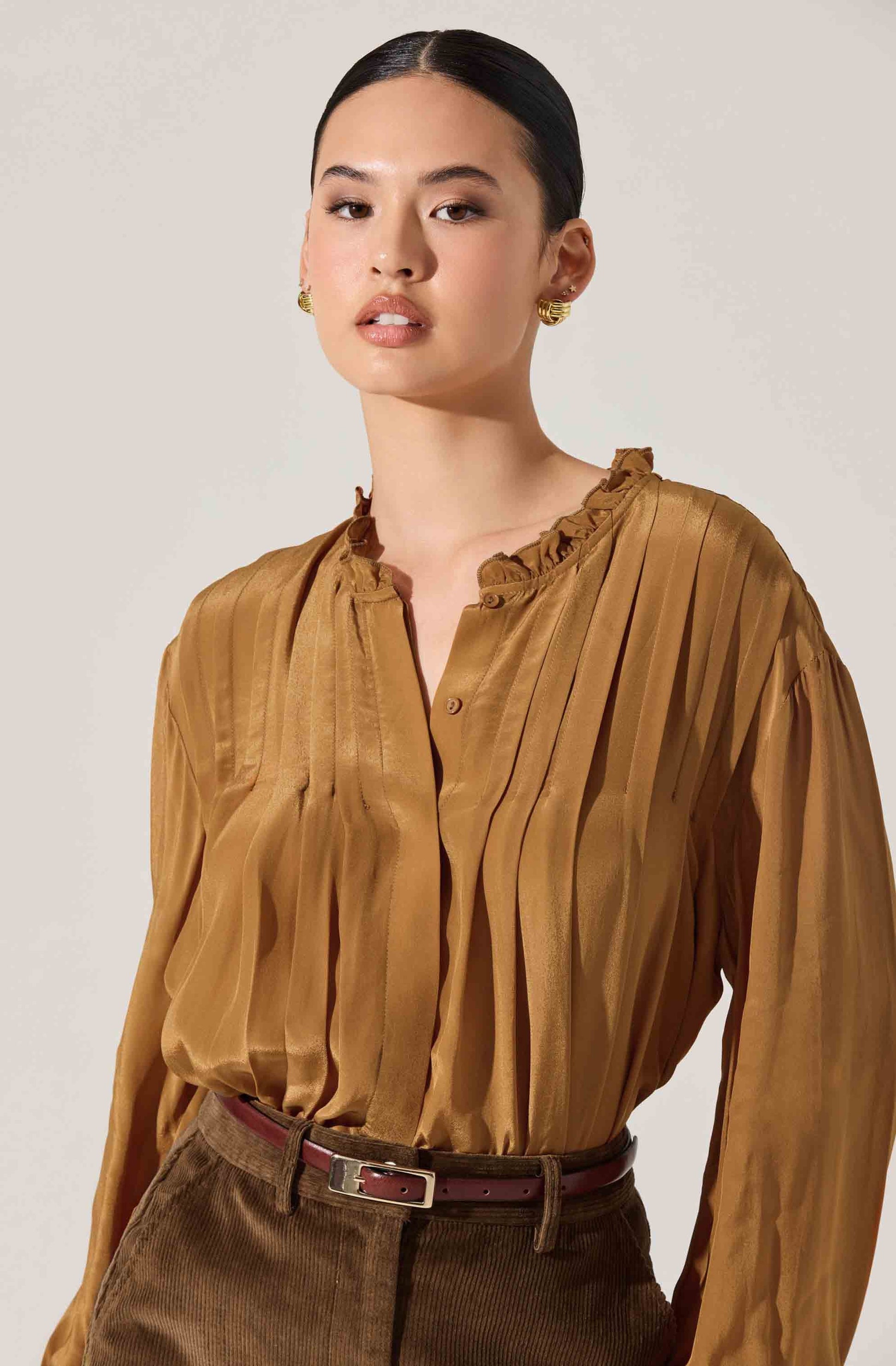 Ashton Pleated Ruffle Trim Top