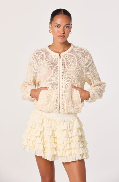 Aeva Embroidered Crochet Bomber Jacket