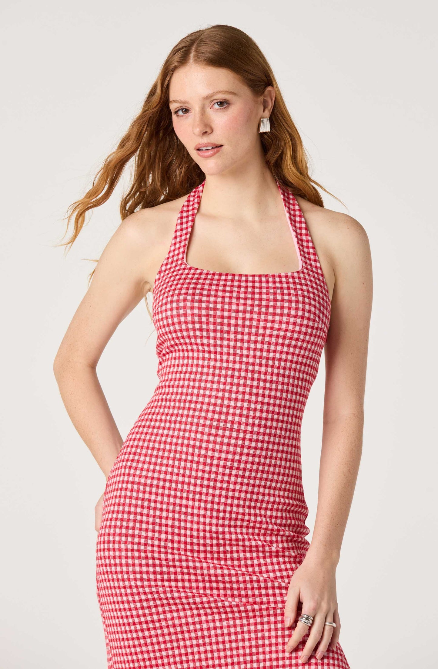 Alice Halter Gingham Fitted Midi Dress
