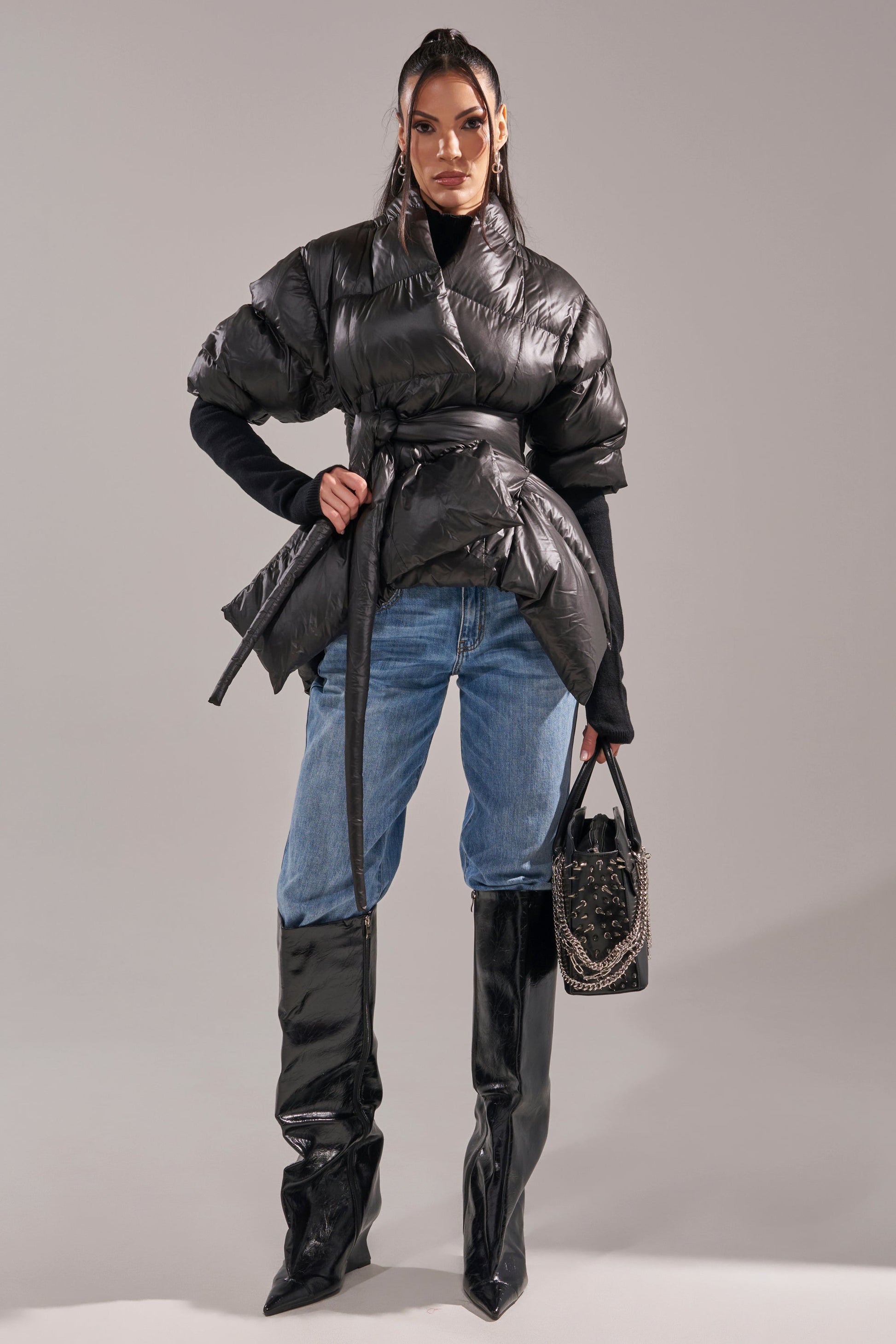 A STEP AHEAD LONG RIBBED SLEEVE PEPLUM PUFFER COAT