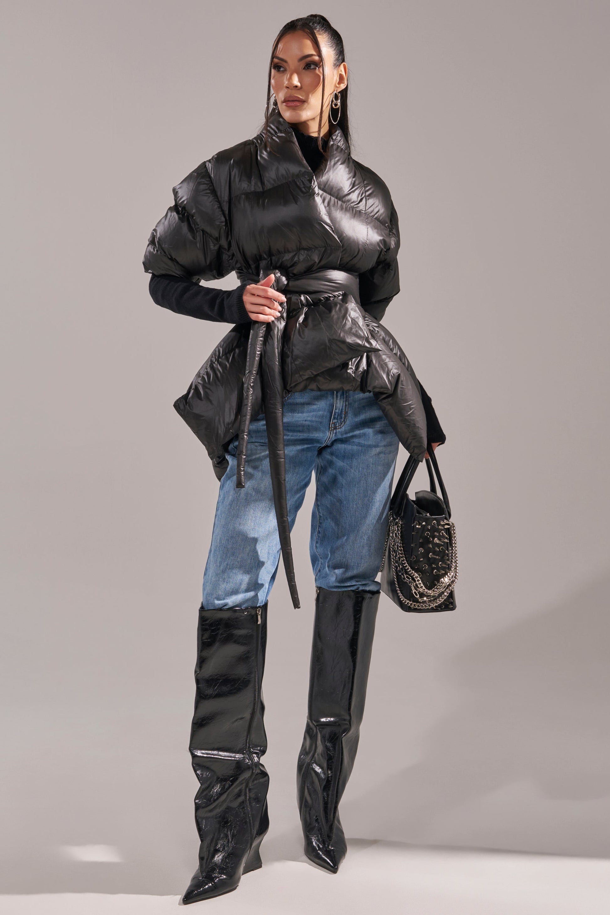 A STEP AHEAD LONG RIBBED SLEEVE PEPLUM PUFFER COAT