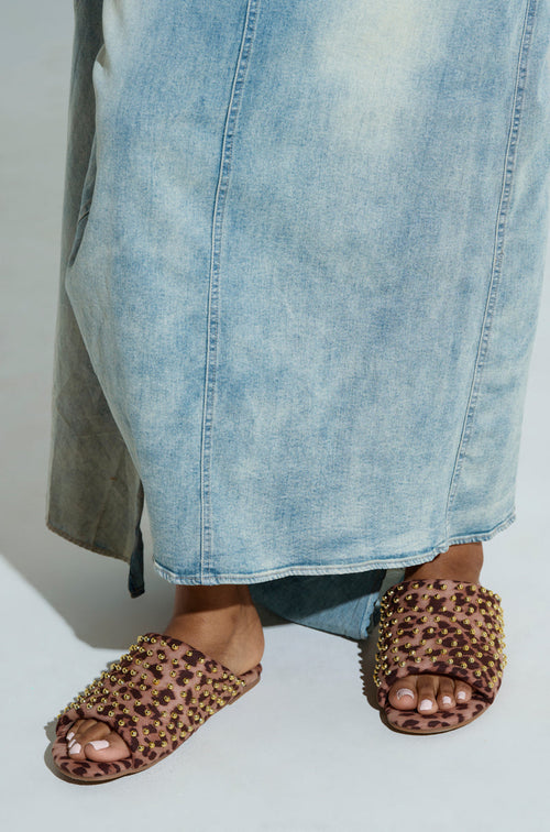 AKIRA BAGGER STUDDED SLIP ON SANDAL IN LEOPARD
