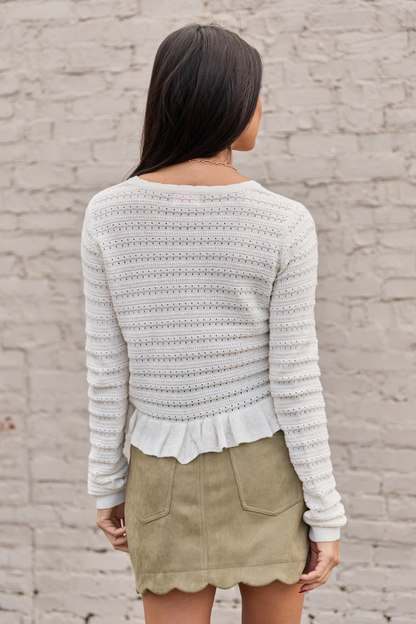 Charlotte Ivory Open Knit Ruffle Trim Sweater SALE