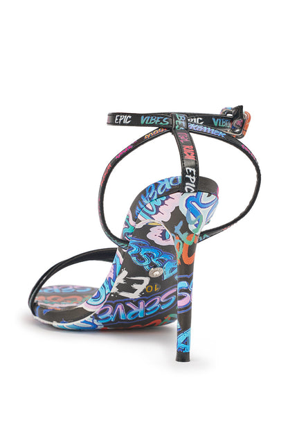AKIRA GOLD GRAFFITI PRINT STILETTO SANDAL