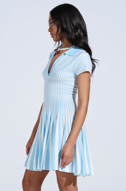 ALINA PLEATED KNIT FIT AND FLARE MINI DRESS IN BLUE