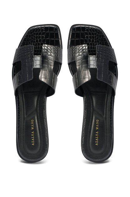 AKIRA HOWDY BLACK CROC SLIP ON FLAT SANDAL