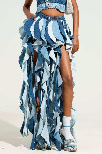 ALESSANDRA DRAMATIC DENIM MAXI SKIRT