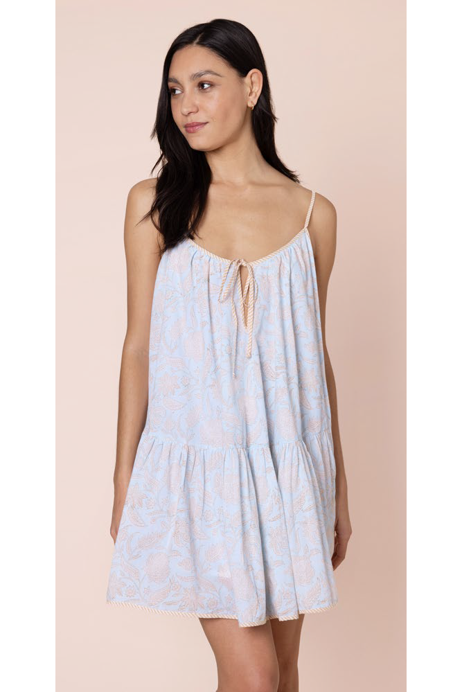 Juliet Dunn Pomegranate Print Loose Strappy Mini Dress - Ice Blue