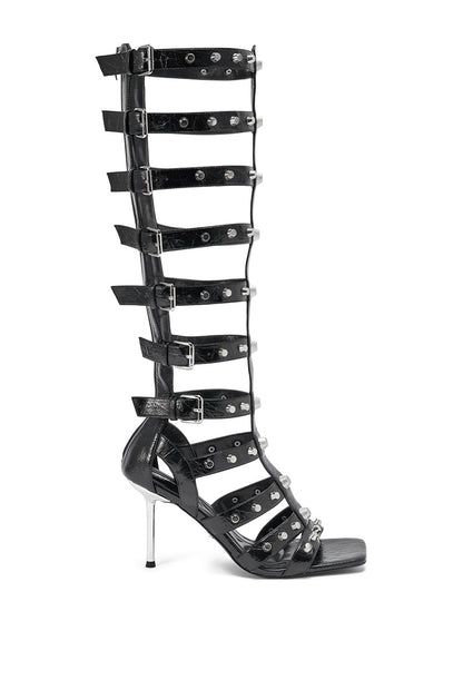 AKIRA GOLD HARDWARE EMBELLISHED BLACK GLADIATOR SANDAL