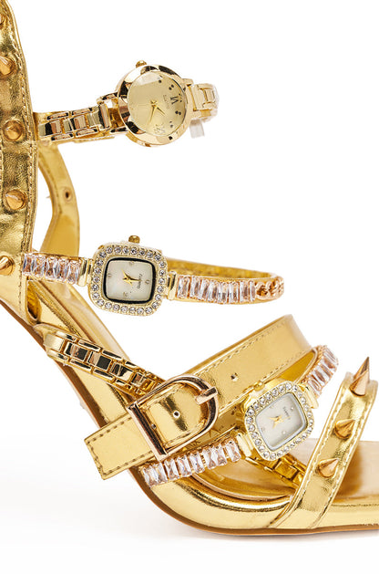 AKIRA GOLD SYDONIC GOLD WATCH STILETTO SANDAL