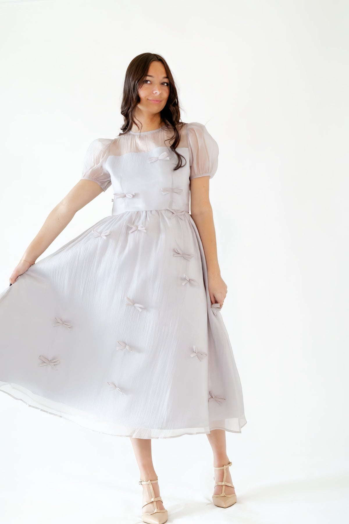 Silver Bow Organza Midi Dress