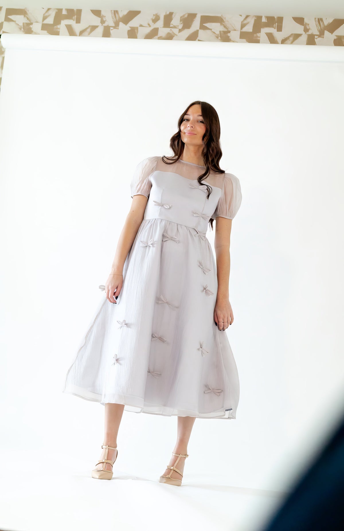 Silver Bow Organza Midi Dress