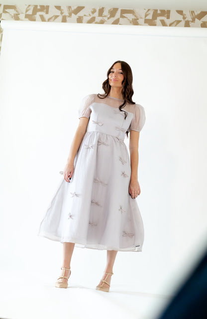 Silver Bow Organza Midi Dress