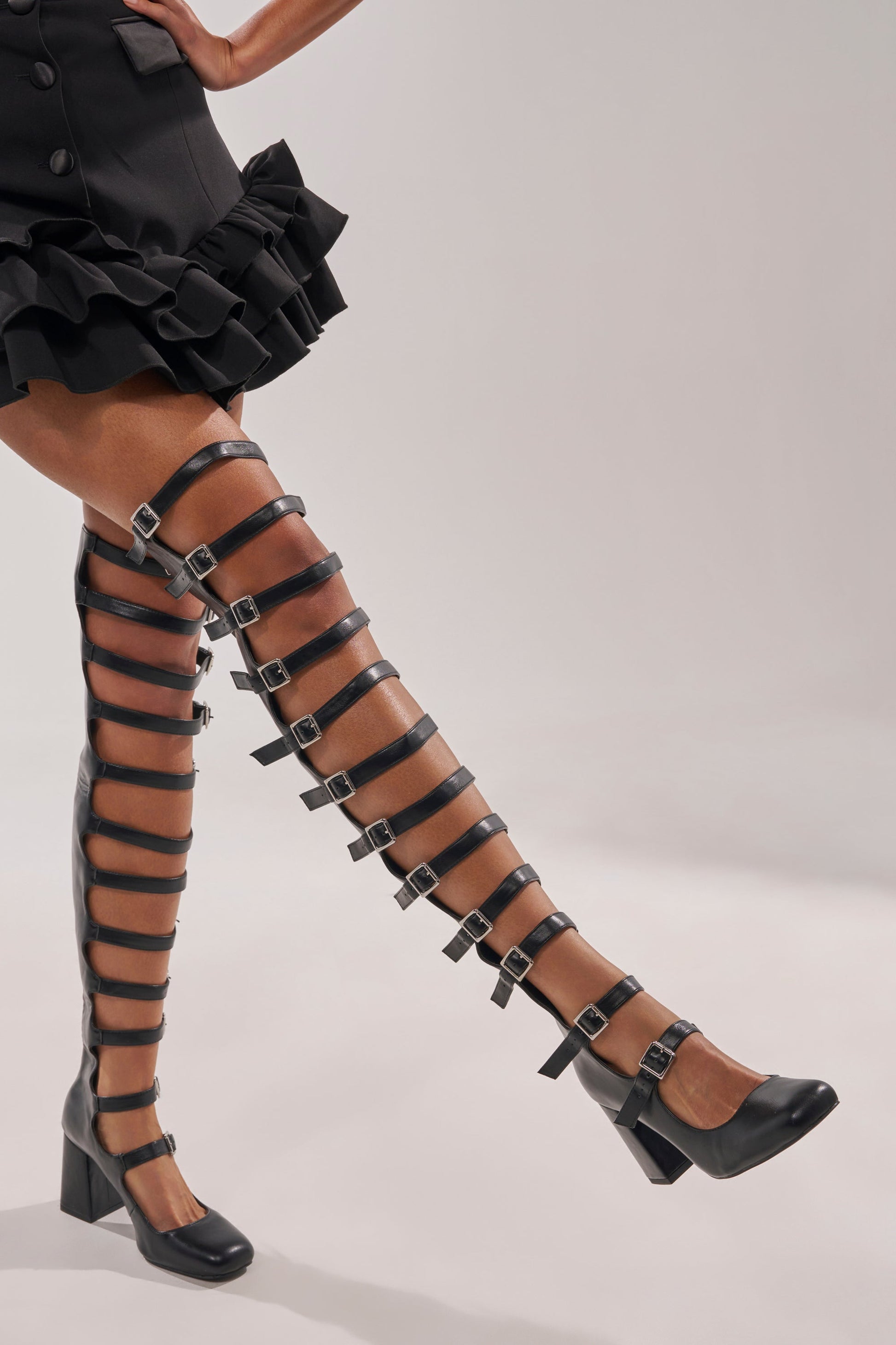 AKIRA GOLD YVETTE BLACK OVER THE KNEE MARY JANE BOOT