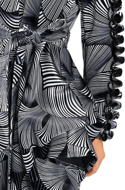 ABSTRACT PRINT BELTED LONG SLEEVE MINI DRESS