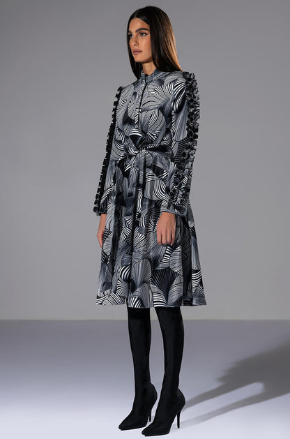 ABSTRACT PRINT BELTED LONG SLEEVE MINI DRESS