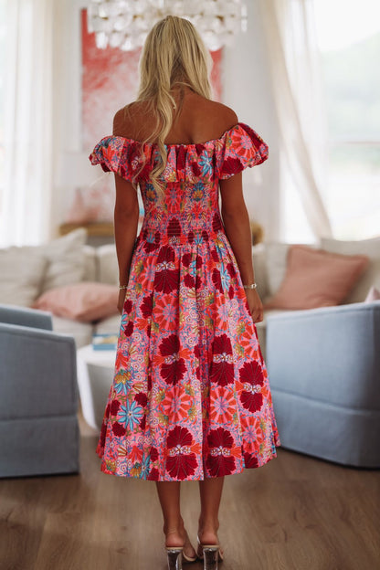 Boardwalk and Brunch Midi Dress - Pink, Red and Blue
