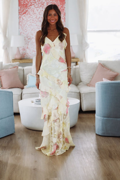 Delightful Floral Maxi Dress - Yellow