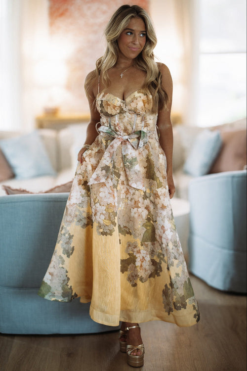 Just a Feeling Midi Dress - Yellow, Orange and Green