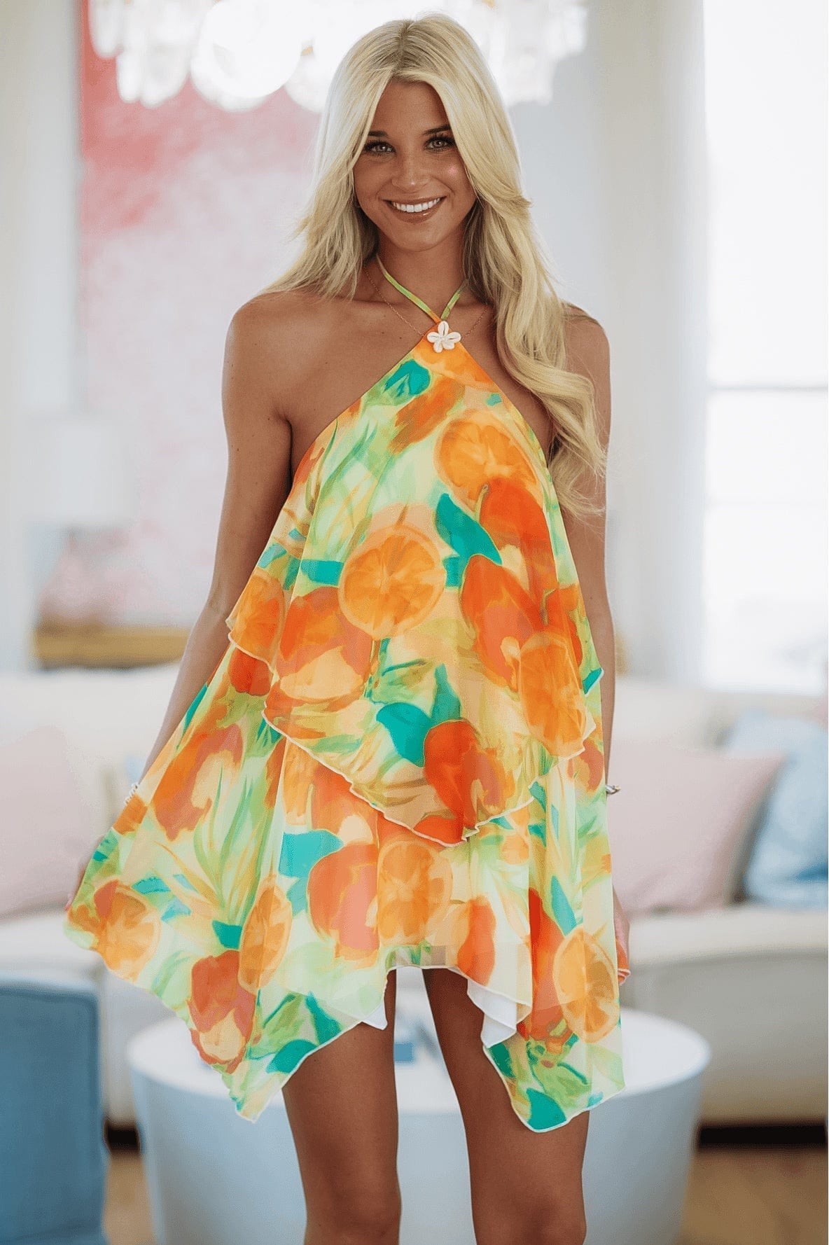 Sunset Cabana Mini Dress - Orange and Green