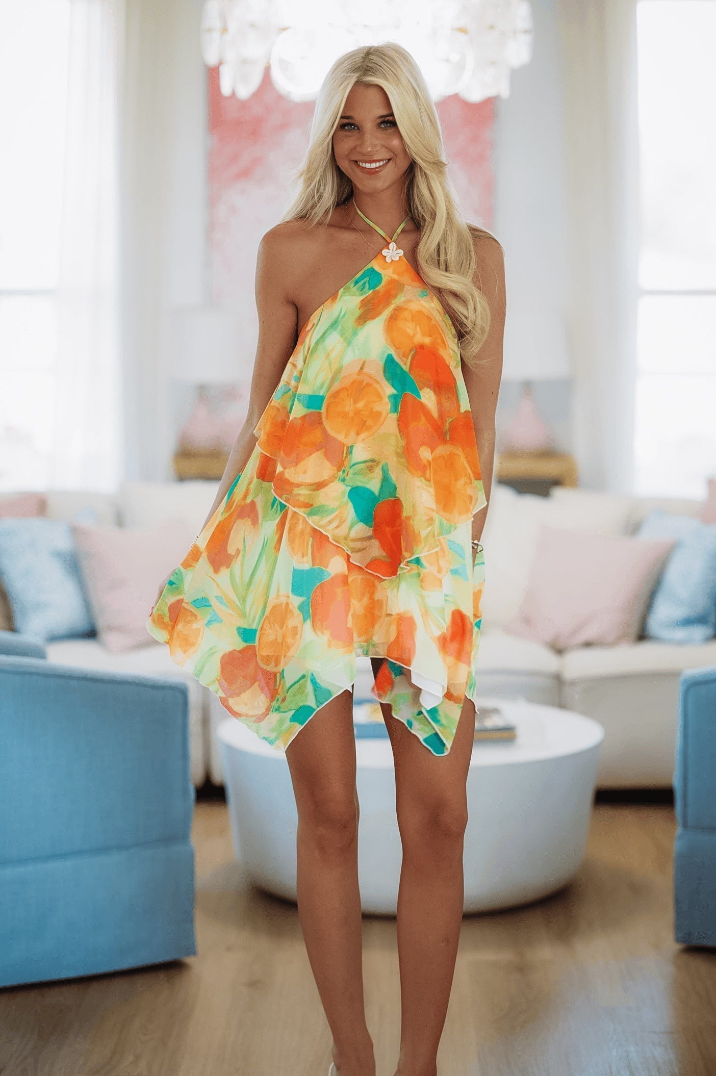 Sunset Cabana Mini Dress - Orange and Green