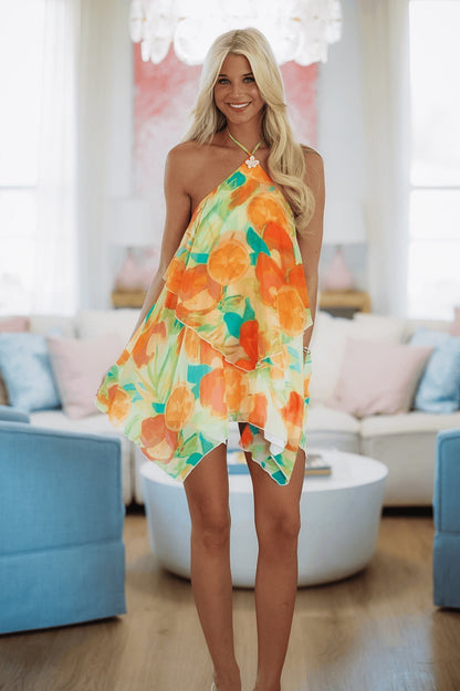 Sunset Cabana Mini Dress - Orange and Green