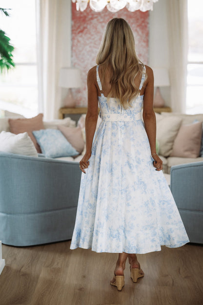 Hibiscus Maxi Dress - Light Blue and White