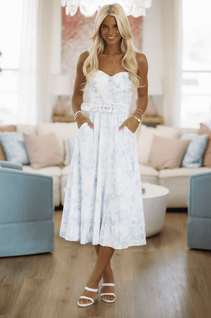 Hibiscus Maxi Dress - Light Blue and White