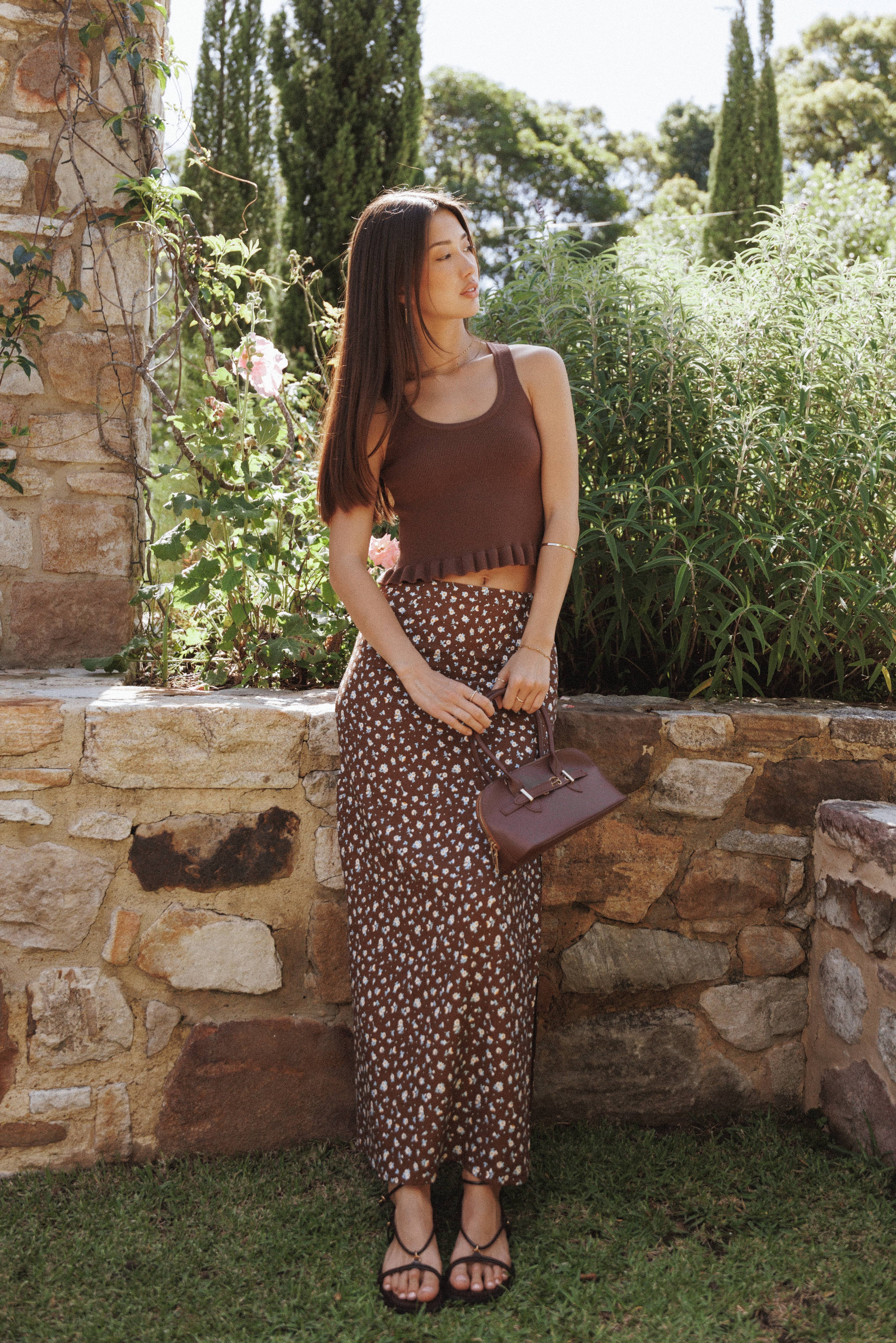 Madison Linen Column Skirt - Brown Floral